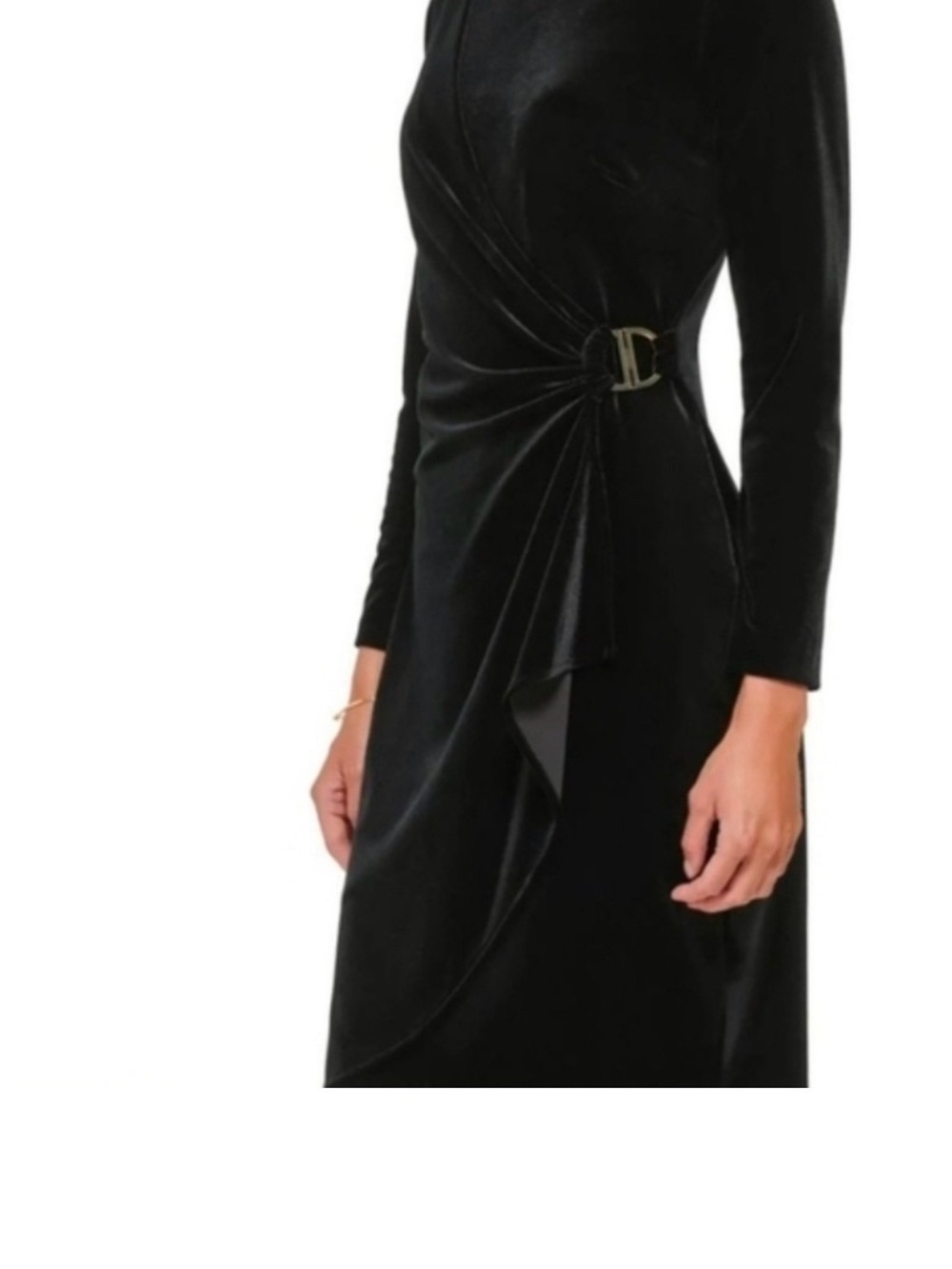 DKNY Black Long-Sleeve Ruched Velvet Dress with Side Buckle